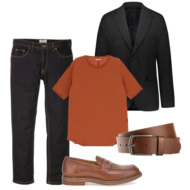 Outfit uomo - Terracotta sotto la giacca. Stile Casual per Tutti i giorni. Abbinamento con jeans dritti, cinture, t-shirt, abiti, scarpe stringate.