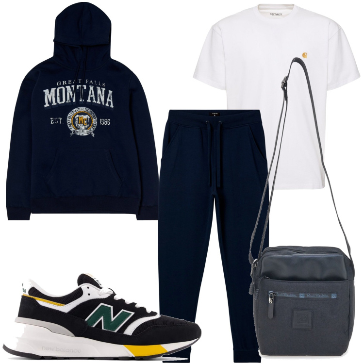 Outfit uomo - Sportivo in città. Stile Casual per Tutti i giorni. Abbinamento con pantaloni sportivi, felpe sportive, scarpe sportive, portafogli, t-shirt.