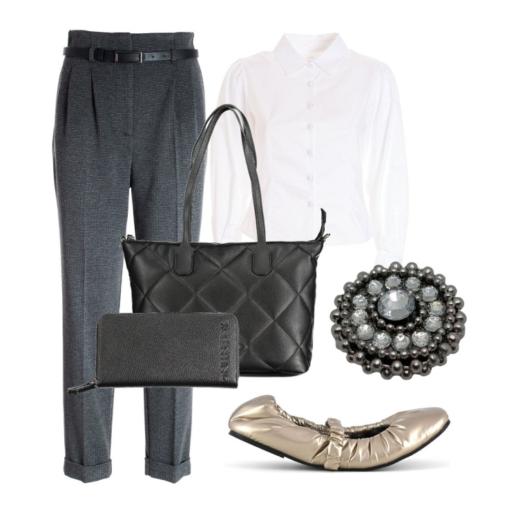 Outfit donna - Ritorno in ufficio con stile. Stile Casual chic per Ufficio. Abbinamento con pantaloni, camicie, ballerine, anelli, borse a spalla, portafogli.