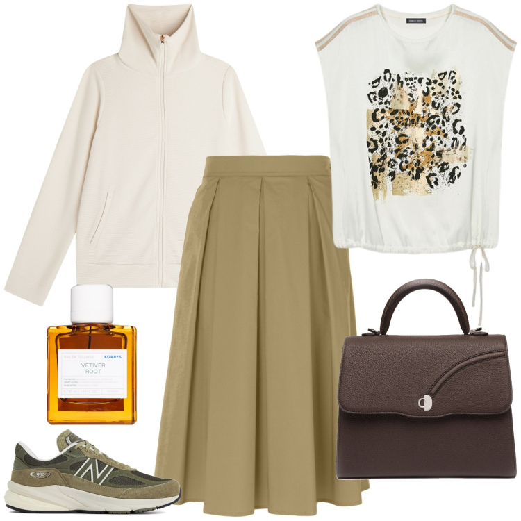 Outfit donna - La gonna sporty-chic. Stile Sporty chic per Tutti i giorni. Abbinamento con profumi, sneakers, felpe, t-shirt, gonne longuette, borse a mano.