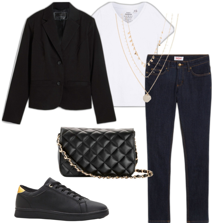 Outfit donna - I jeans per l\'autunno. Stile Casual chic per Tutti i giorni. Abbinamento con jeans skinny, borse a tracolla, sneakers, collane, blazer, t-shirt.