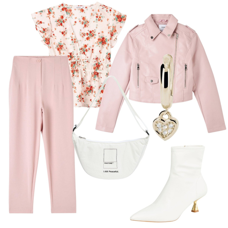 Outfit donna - Cipria Terranova. Stile Trendy per Tutti i giorni. Abbinamento con pantaloni chino, stivaletti, marsupi, giacche, bluse, orecchini.