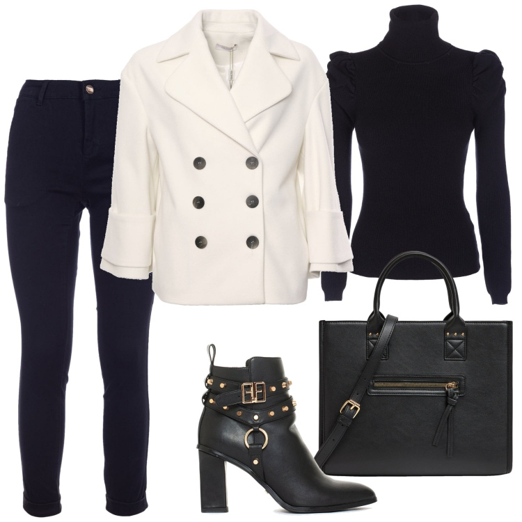 Outfit donna - Total look #1953209. Stile Rock per Scuola/Università. Abbinamento con shopping bag, stivaletti, cappotti, pantaloni, maglieria.