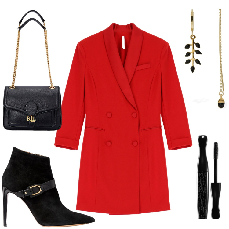 Outfit donna - Woman in red. Stile Bon Ton per Serata fuori. Abbinamento con mascara, vestiti corti, borse a spalla, stivaletti, orecchini.