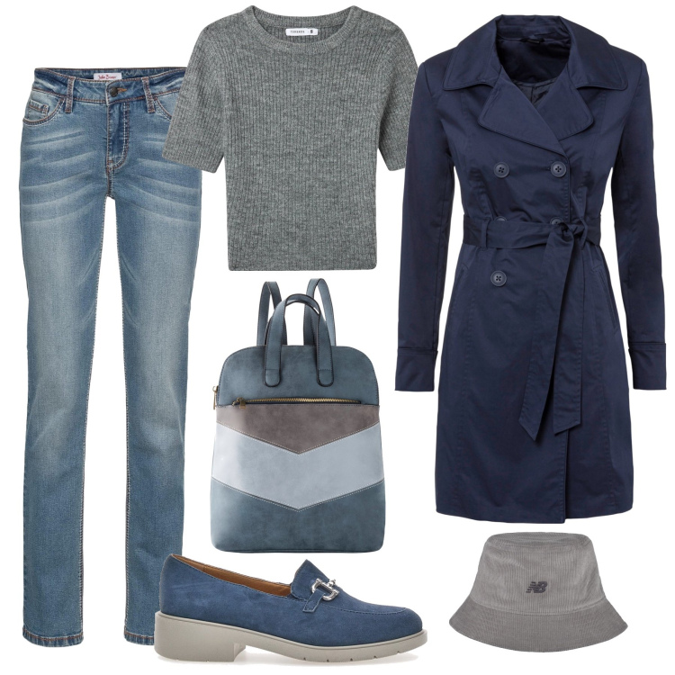 Outfit donna - Trench con il bucket hat per la pioggia. Stile Casual per Tutti i giorni. Abbinamento con trench, jeans dritti, zaini, t-shirt, cappelli, mocassini.