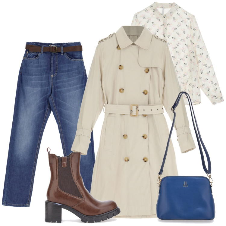 Outfit donna - Total look #1953249. Stile Trendy per Scuola/Università. Abbinamento con camicie, jeans, cappotti, stivaletti, borse a tracolla.