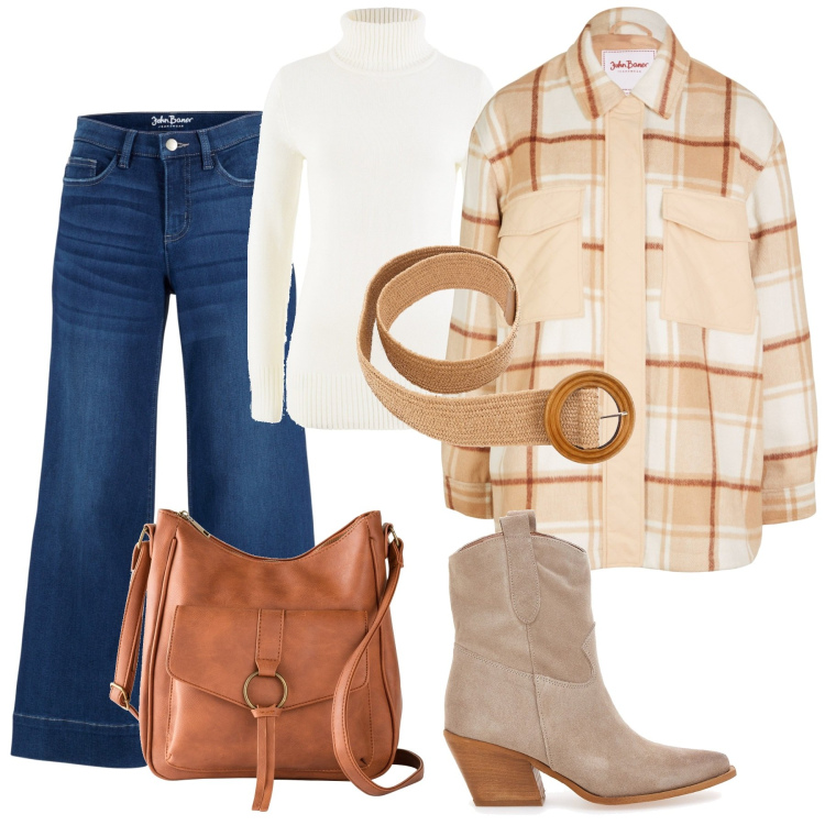 Outfit donna - Total look #1953257. Stile Etnico per Scuola/Università. Abbinamento con jeans a zampa, borse a tracolla, maglieria, cappotti, stivaletti, cinture.