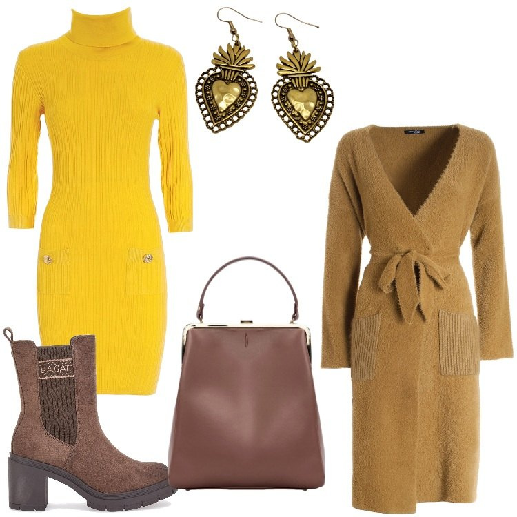 Outfit donna - Scelta di cuore. Stile Casual chic per Ufficio. Abbinamento con cardigans, vestiti, stivaletti chelsea, borse a spalla, orecchini.