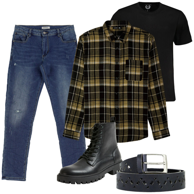 Outfit uomo - Una birra fra amici. Stile Urban per Serata speciale. Abbinamento con camicie, anfibi, cinture, jeans slim fit, t-shirt.