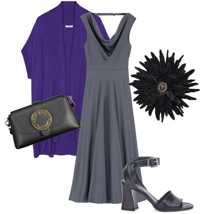 Outfit donna - La spilla a forma di fiore. Stile Bon Ton per Serata fuori. Abbinamento con vestiti asimmetrici, cardigans, sandali in pelle, anelli, borse a spalla.