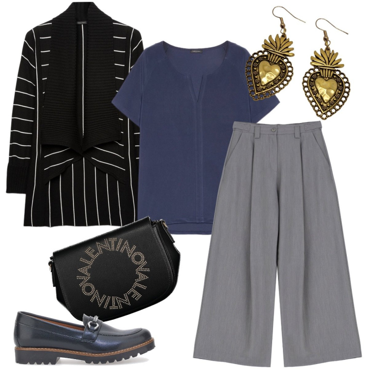 Outfit donna - Gioielli di Claudia De Rosa. Stile Mannish per Ufficio. Abbinamento con pantaloni a palazzo, mocassini, cardigans, t-shirt, orecchini, borse a spalla.
