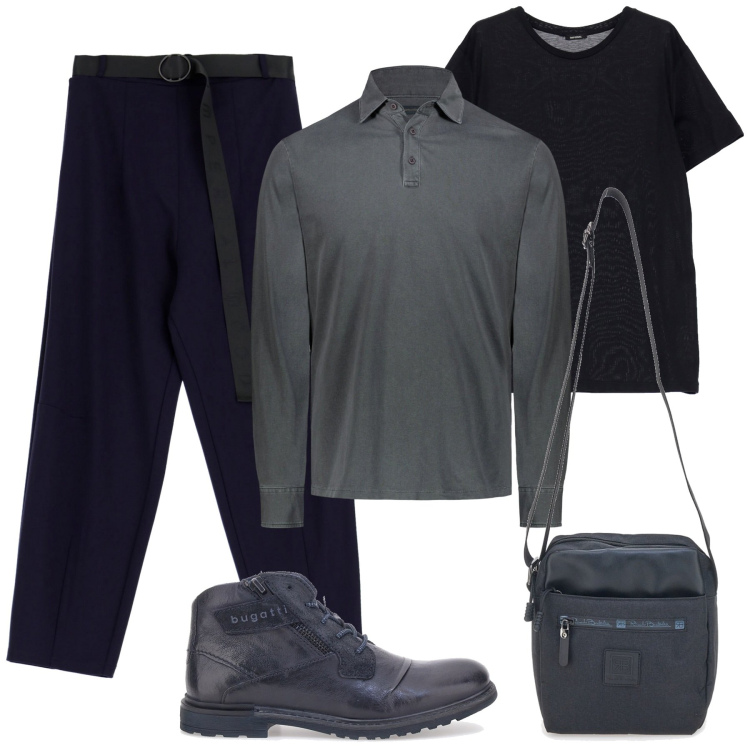 Outfit uomo - Cena all\' aperto di fine estate in black. Stile Trendy per Serata speciale. Abbinamento con pantaloni, t-shirt, portafogli, scarpe stringate, polo.
