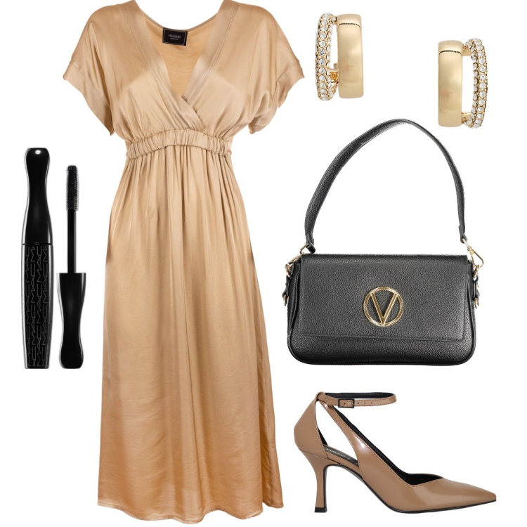 Outfit donna - Champagne gold. Stile Chic per Cerimonia. Abbinamento con mascara, vestiti midi/longuette, décolleté, orecchini, borse a spalla.