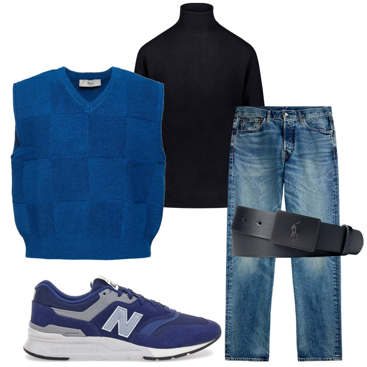 Outfit uomo - Con il gilet. Stile Trendy per Tutti i giorni. Abbinamento con cinture, jeans dritti, maglieria, scarpe stringate, maglieria.