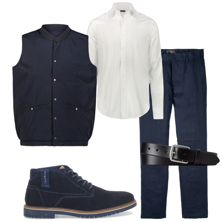Outfit uomo - In ufficio. Stile Business/Elegante per Ufficio. Abbinamento con pantaloni, cinture, scarpe stringate, camicie, gilet.