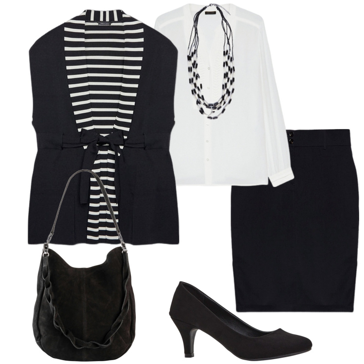 Outfit donna - Black and White. Stile Casual chic per Serata fuori. Abbinamento con décolleté, borse a mano, gilet, bluse, gonne, collane.