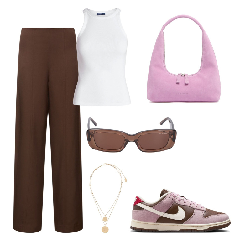 Outfit donna - Total look #1953344. Stile Trendy per Tutti i giorni. Abbinamento con ciondoli, canottiere, pantaloni, occhiali da sole, borse a spalla, sneakers.