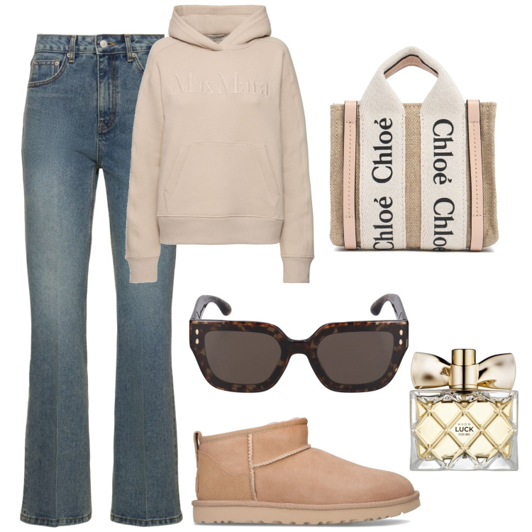 Outfit donna - Total look #1953349. Stile Basic per Scuola/Università. Abbinamento con profumi, felpe con cappuccio, jeans, stivali, occhiali da sole, borse a mano.