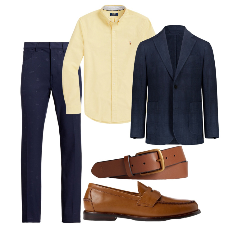 Outfit uomo - Il blu scaldato dall\'ocra. Stile Business/Elegante per Serata speciale. Abbinamento con scarpe stringate, cinture, camicie, pantaloni, giacche.