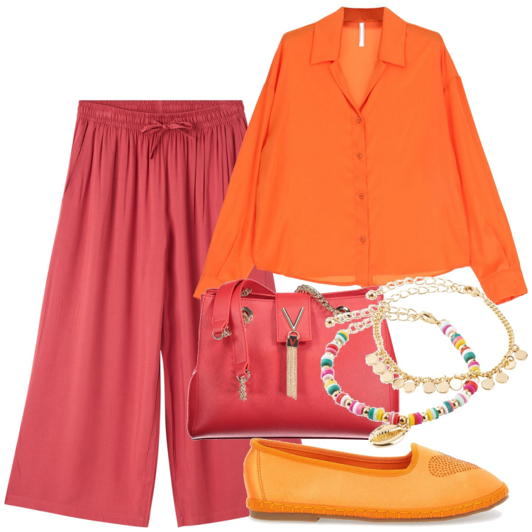 Outfit donna - Curvy rientro settembre. Stile Etnico per Ufficio. Abbinamento con braccialetti con ciondoli, pantaloni a palazzo, camicie, ballerine, borse a spalla.