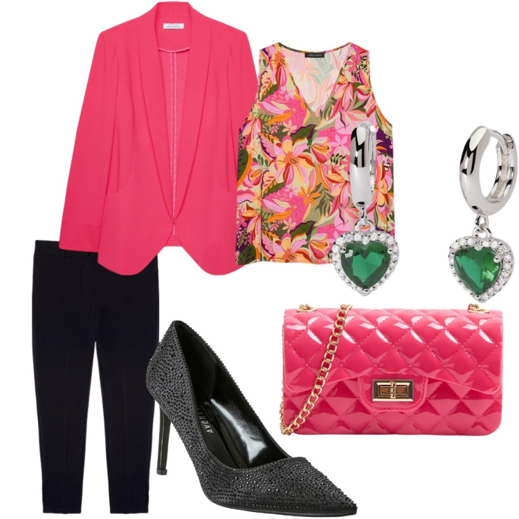 Outfit donna - I colori dell\'autunno -Donna Curvy. Stile Casual chic per Serata fuori. Abbinamento con borse a tracolla, décolleté, orecchini, blazer, pantaloni, top.