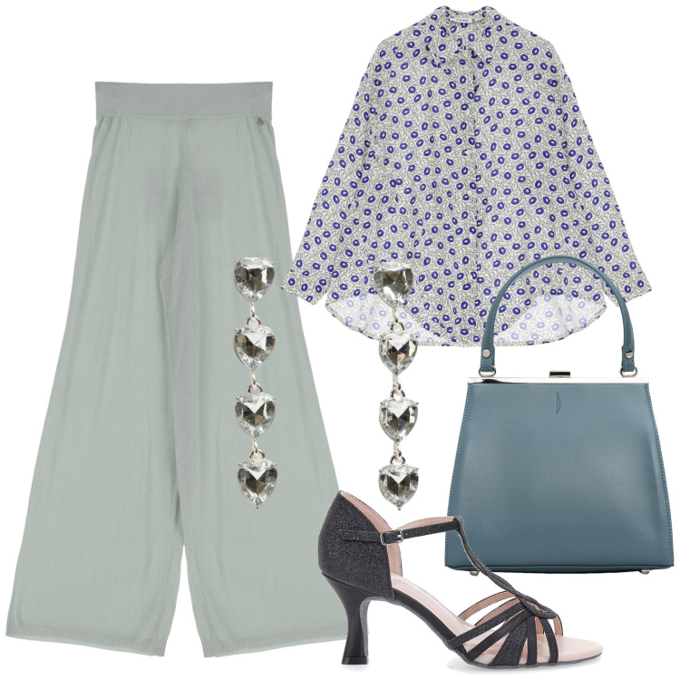 Outfit donna - Piccoli fiori. Stile Bon Ton per Ufficio. Abbinamento con orecchini, camicie, pantaloni a palazzo, décolleté, clutch.