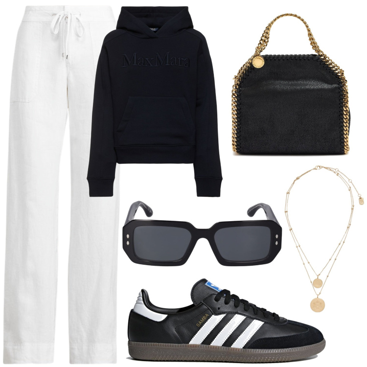 Outfit donna - Total look #1953359. Stile Urban per Scuola/Università. Abbinamento con ciondoli, pantaloni, shopping bag, felpe con cappuccio, occhiali da sole, sneakers.