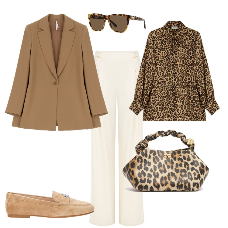 Outfit donna - Total look #1953363. Stile Trendy per Ufficio. Abbinamento con pantaloni a palazzo, blazer, camicie, mocassini, occhiali da sole, borse a mano.