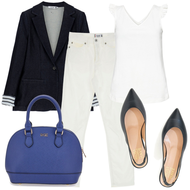 Outfit donna - Settembre, si rientra. Stile Bon Ton per Ufficio. Abbinamento con top, blazer, jeans, ballerine, borse a mano.