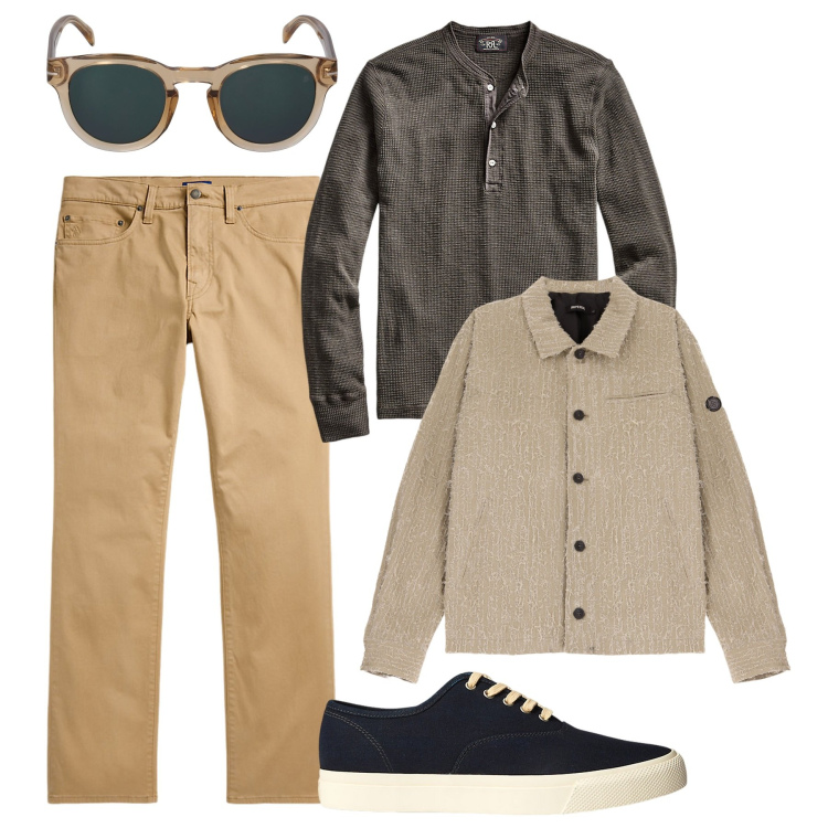 Outfit uomo - Il blazer camicia sabbia. Stile Casual per Tutti i giorni. Abbinamento con giacche, sneakers, t-shirt, pantaloni, occhiali da sole.