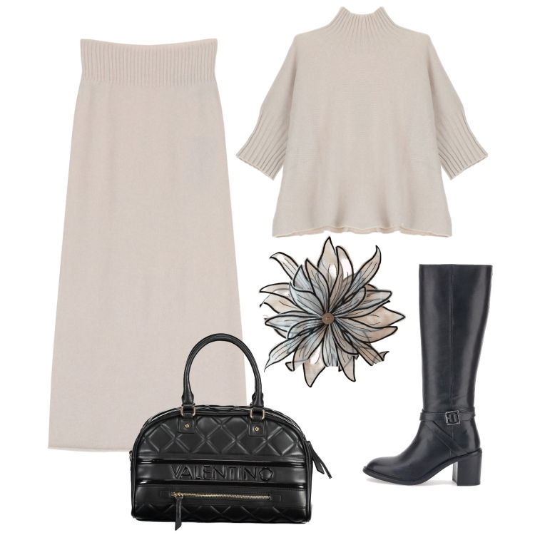 Outfit donna - Un fiore d’organza dove vuoi. Stile Bon Ton per Tutti i giorni. Abbinamento con gonne longuette, maglieria, stivali, anelli, borse a spalla.