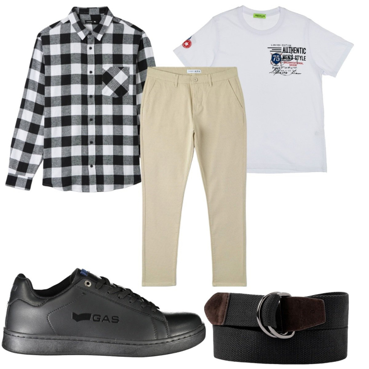 Outfit uomo - Total look #1953399. Stile Casual per Tutti i giorni. Abbinamento con pantaloni, camicie, t-shirt, cinture, sneakers.