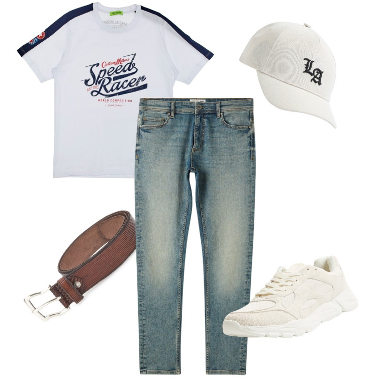 Outfit uomo - Giornata di sole. Stile Casual per Tutti i giorni. Abbinamento con cappelli, jeans skinny, sneakers, t-shirt, cinture.