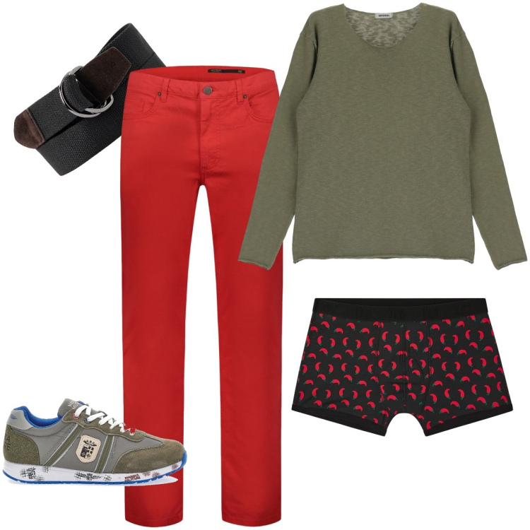 Outfit uomo - I pantaloni rossi. Stile Urban per Ufficio. Abbinamento con boxer, pullovers, pantaloni, cinture, sneakers.