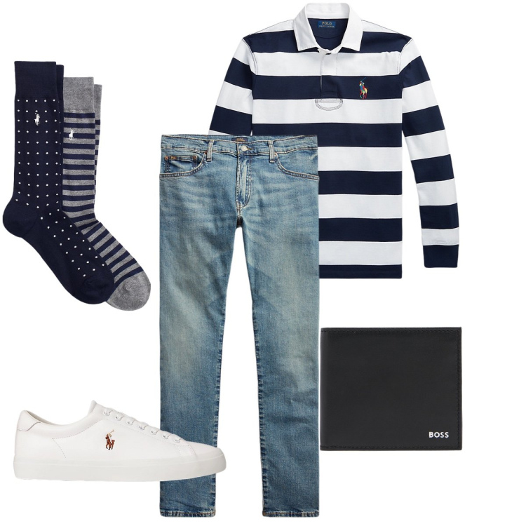 Outfit uomo - I calzini a fantasia. Stile Urban per Ufficio. Abbinamento con calzini, jeans, maglieria, sneakers, portafogli.