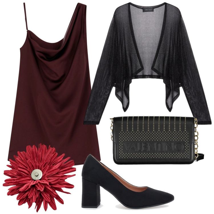 Outfit donna - Appuntamento autunnale. Stile Chic per Serata fuori. Abbinamento con vestiti asimmetrici, décolleté, cardigans, borse a tracolla, anelli.