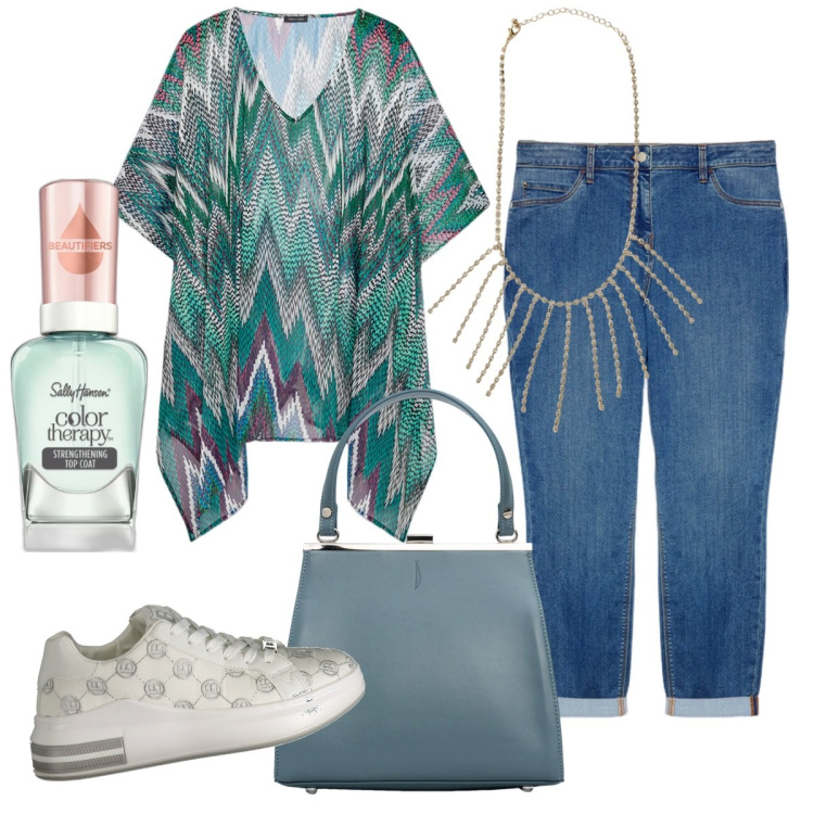 Outfit donna - Sfumature del verde. Stile Boho per Ufficio. Abbinamento con smalti, collane, jeans, sneakers, caftani, clutch.
