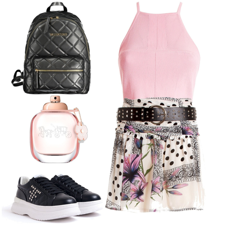 Outfit donna - Fiori & pois. Stile Casual chic per Scuola/Università. Abbinamento con profumi, top, sneakers, gonne, zaini.