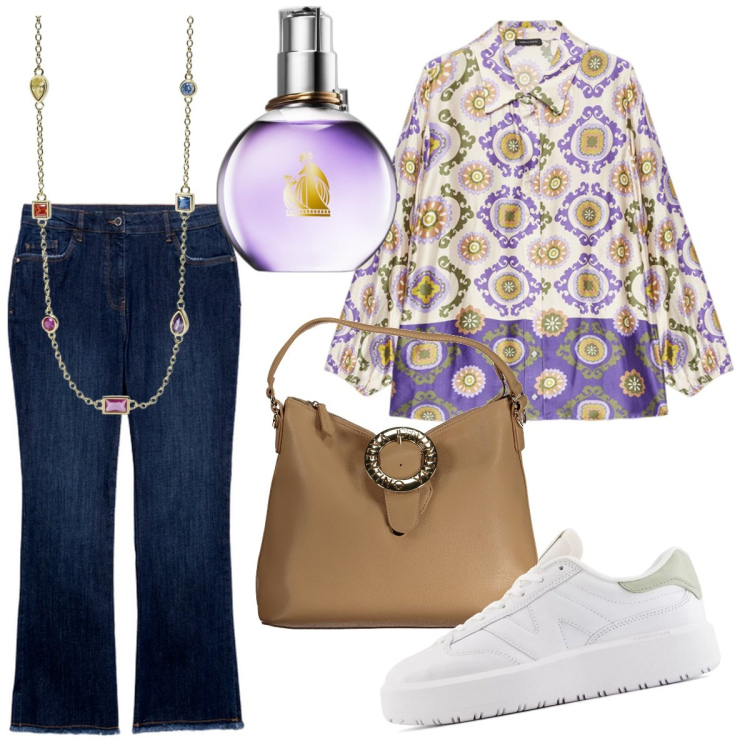 Outfit donna - Colori delicati in autunno. Stile Casual chic per Ufficio. Abbinamento con profumi, collane, sneakers, camicie, borse a spalla, jeans a zampa.