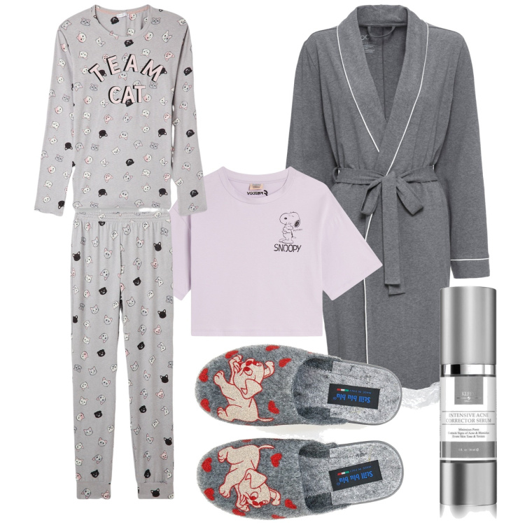 Outfit donna - Team cat. Stile Basic per Tutti i giorni. Abbinamento con vestaglie, correttori, pigiama, t-shirt, pantofole.