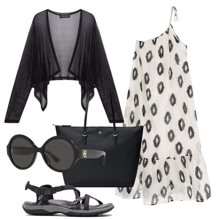 Outfit donna - Fine estate. Stile Basic per Tutti i giorni. Abbinamento con sandali, vestiti lunghi, borse tote, occhiali da sole, cardigans.