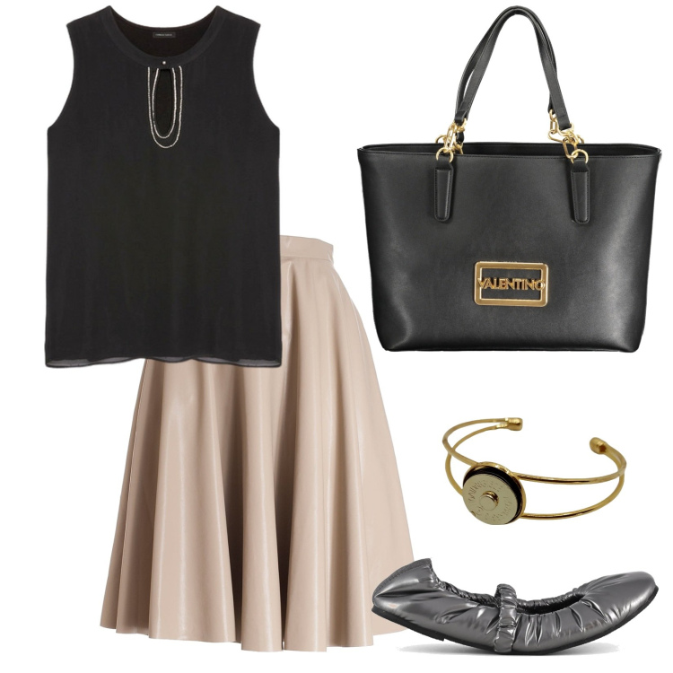Outfit donna - Rientro in ufficio. Stile Chic per Ufficio. Abbinamento con gonne longuette, ballerine, top, borse a spalla, braccialetti.