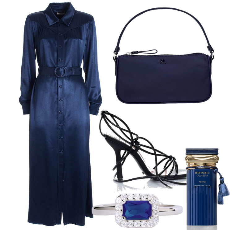 Outfit donna - Raso blue. Stile Chic per Ufficio. Abbinamento con profumi, anelli, vestiti chemisier, sandali alla schiava, pochette.