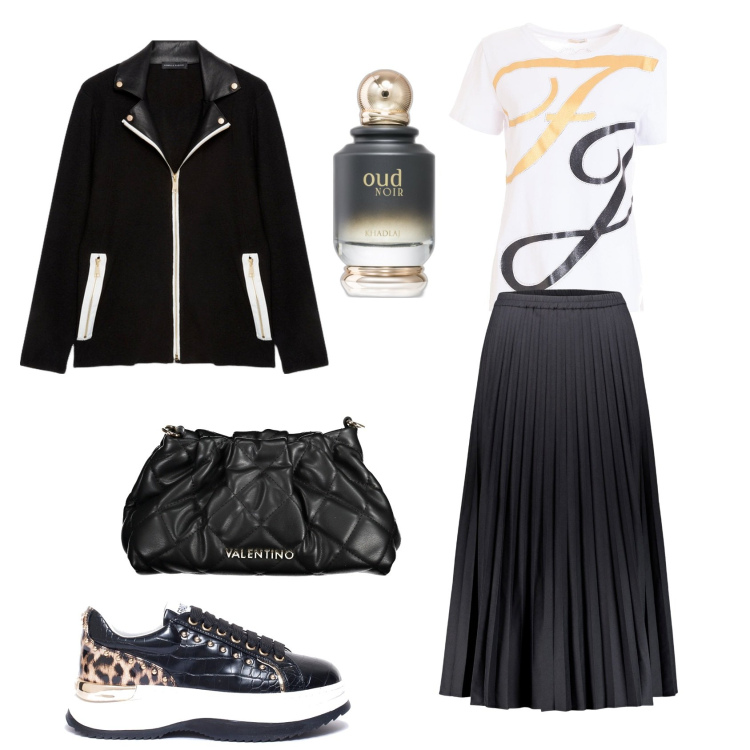 Outfit donna - Particolari. Stile Casual chic per Ufficio. Abbinamento con profumi, sneakers, t-shirt, gonne lunghe, blazer, borse a mano.