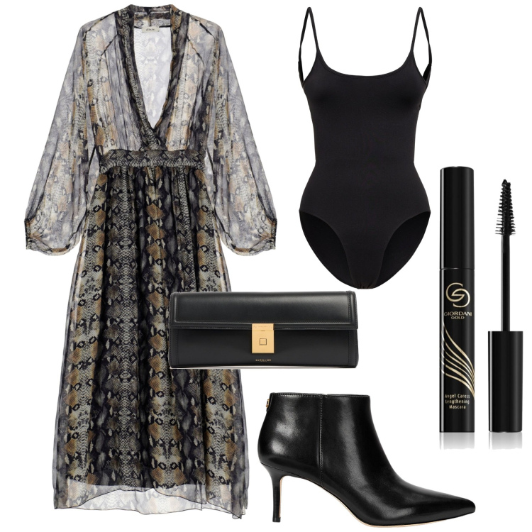 Outfit donna - Boho. Stile Boho per Serata fuori. Abbinamento con mascara, vestiti, stivaletti, body, clutch.