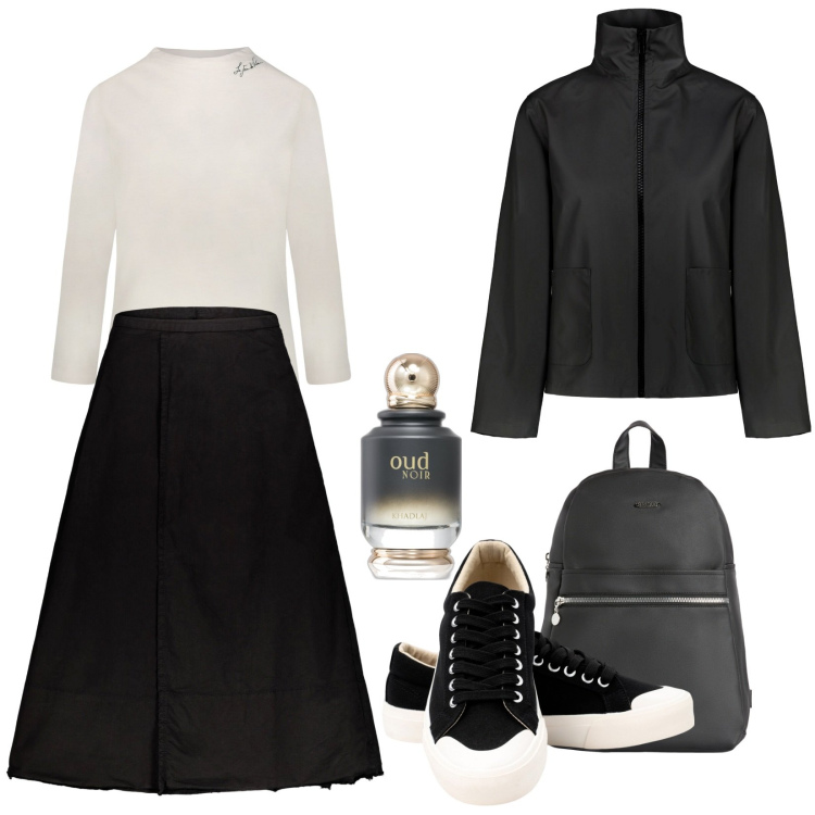 Outfit donna - Total look #1953469. Stile Urban per Scuola/Università. Abbinamento con profumi, zaini, gonne lunghe, sneakers, blazer, t-shirt.