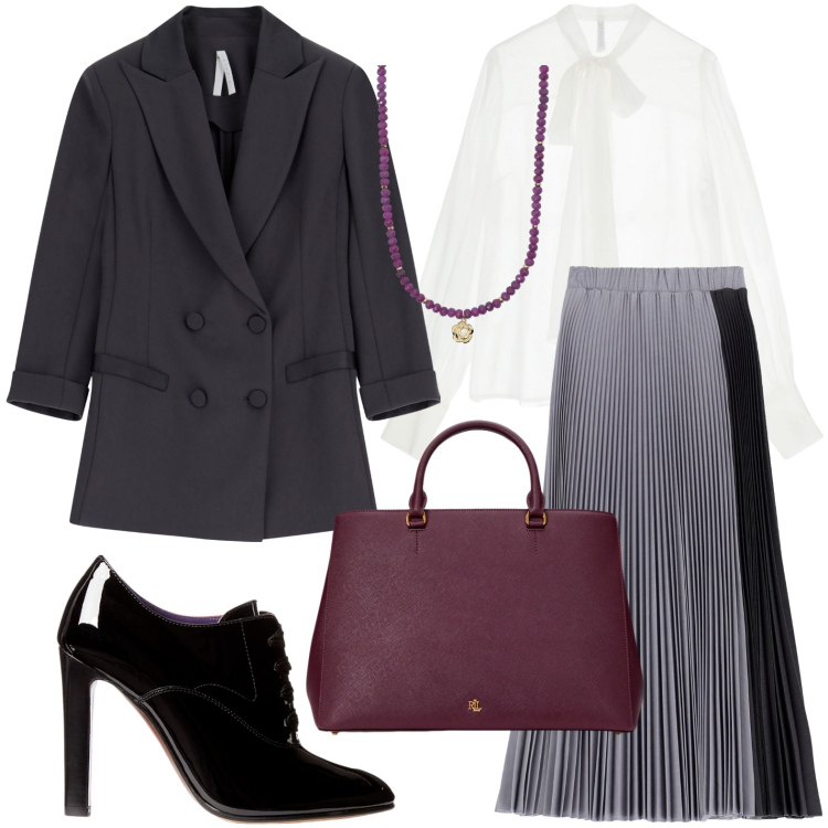 Outfit donna - Sfumature di grigio. Stile Chic per Ufficio. Abbinamento con collane, gonne lunghe, blazer, camicie, borse a mano, décolleté.