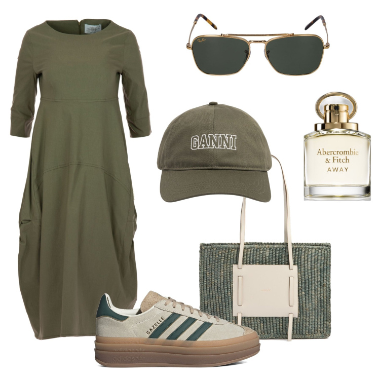Outfit donna - City Life con l’abito baloon. Stile Trendy per Tutti i giorni. Abbinamento con profumi, vestiti, sneakers, occhiali da sole, cappelli, shopping bag.