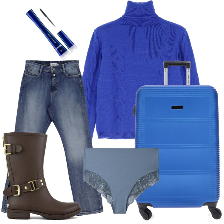 Outfit donna - In viaggio con nuance blu. Stile Chic per Scuola/Università. Abbinamento con mascara, culotte, maglieria, jeans dritti, stivali, valigie.