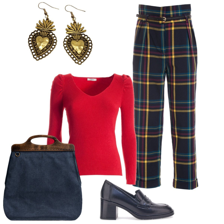Outfit donna - Gli orecchini antichi. Stile Trendy per Ufficio. Abbinamento con pantaloni, maglieria, mocassini, borse a tracolla, orecchini.